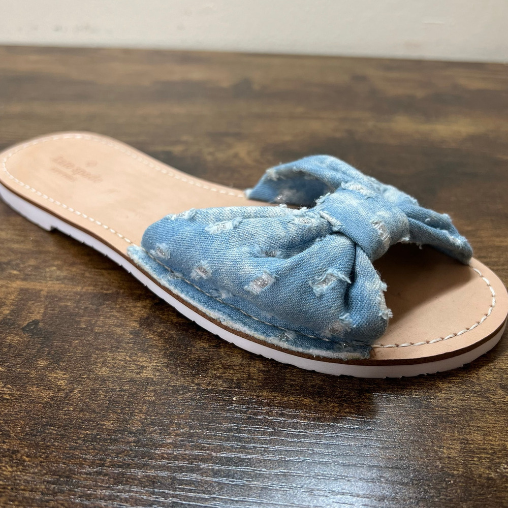 Kate Spade Indi Slide Sandal 8 Denim Bow Slip On Feminine Chic Open Toe Coquette